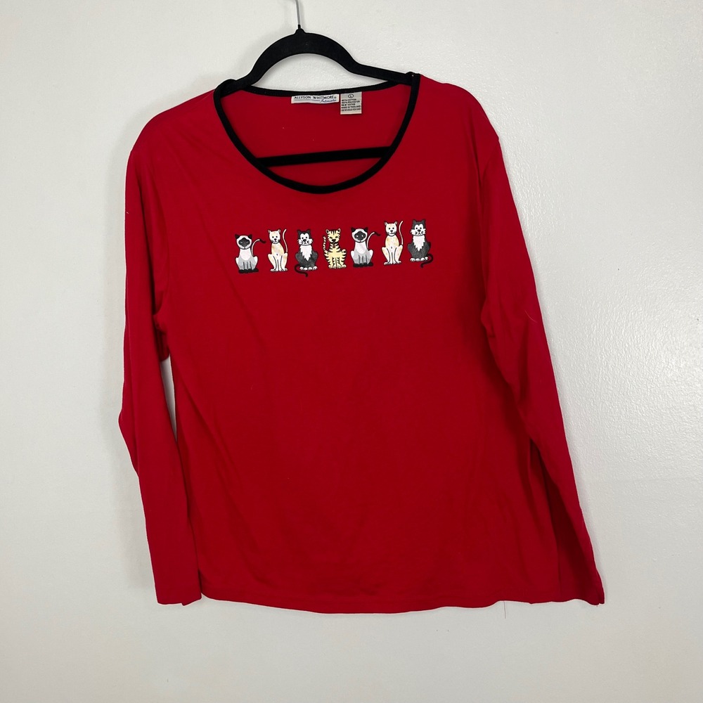 Vintage Whimsical Cat Graphic Top Womens Large Red Long Sleeve Crew Neck Novelty